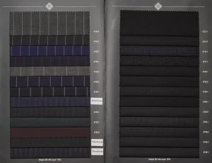 Enrico Zenoni Revolution Vol. 1 swatch pages with dark navy stripes and black wool