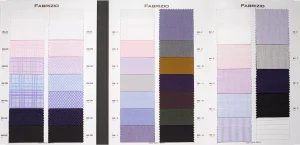 Fabrizio Book 2 swatch pages with pink, lilac and blue plains, brown and navy