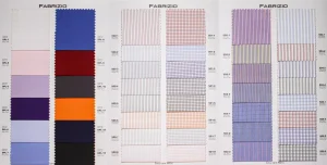 Open Fabrizio Book 3 with blue, red, orange and purple poplin and fine stripes and checks