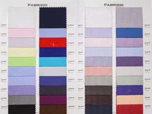Fabrizio Book 3 swatch pages with green, yellow, red, blue and black plains