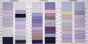 Fabrizio Red Book swatch pages with blue and white checks, pink and red micro patterns and pastel checks