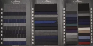 Luiciano All Seasons swatch pages with grey and navy stripes and plains