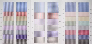 Oxford Pinpoint swatch pages with blue, pink and lilac stripes and plains