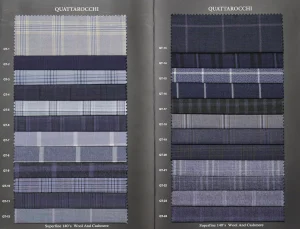 Open Quattarocchi swatch book with light blue and navy checked cloth