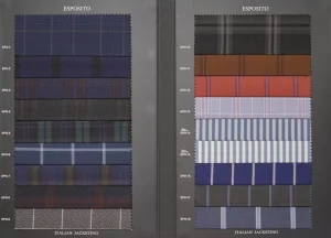 Esposito swatch pages with tartan, red and blue checked jacketing