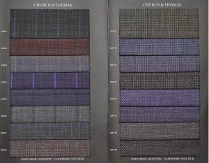 Church and Thomas swatch pages with purple, grey and navy herringbone