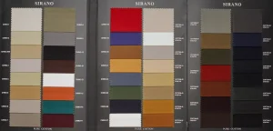 Open Sirano swatch book with cotton chino and stretch cloth in beige, khaki, white, red, blue and brown