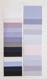 Snow Berry cotton shirt swatches, page 1: blue, lilac, grey and navy plains