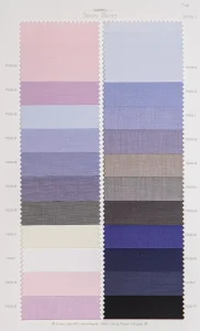 Snow Berry cotton shirt swatches, page 13: pink, grey and navy plains