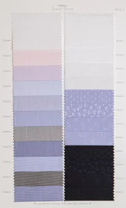 Snow Berry cotton shirt swatches, page 16: pink, lilac and blue plains, white jacquard and blue paisley