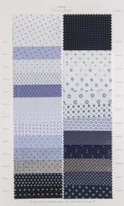 Snow Berry cotton shirt swatches, page 19: white and blue dobby with navy prints