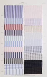 Snow Berry cotton shirt swatches, page 20: blue, pink and black stripes