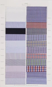 Snow Berry cotton shirt swatches, page 22: navy checks and stripes