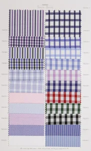 Snow Berry cotton shirt swatches, page 23: blue and black gingham and stripes