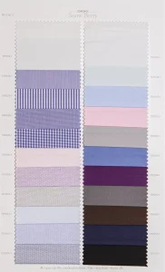 Snow Berry cotton shirt swatches, page 24: lilac, blue, pink and burgundy plains