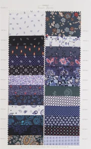 Snow Berry cotton shirt swatches, page 25: navy floral prints