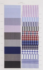 Snow Berry cotton shirt swatches, page 27: blue, lilac and grey plains with red and blue checks