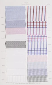 Snow Berry cotton shirt swatches, page 30: white, blue and pink stripes