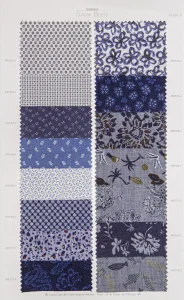 Snow Berry cotton shirt swatches, page 31: blue paisley and floral prints
