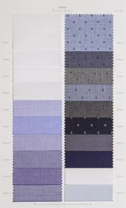 Snow Berry cotton shirt swatches, page 4: white, blue and navy cottons with small prints