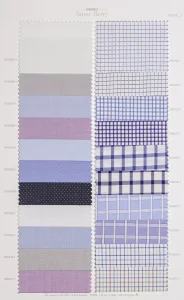 Snow Berry cotton shirt swatches, page 5: blue and lilac checks with white dobby