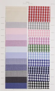 Snow Berry cotton shirt swatches, page 9: beige and pink plains with red, green, blue and black gingham