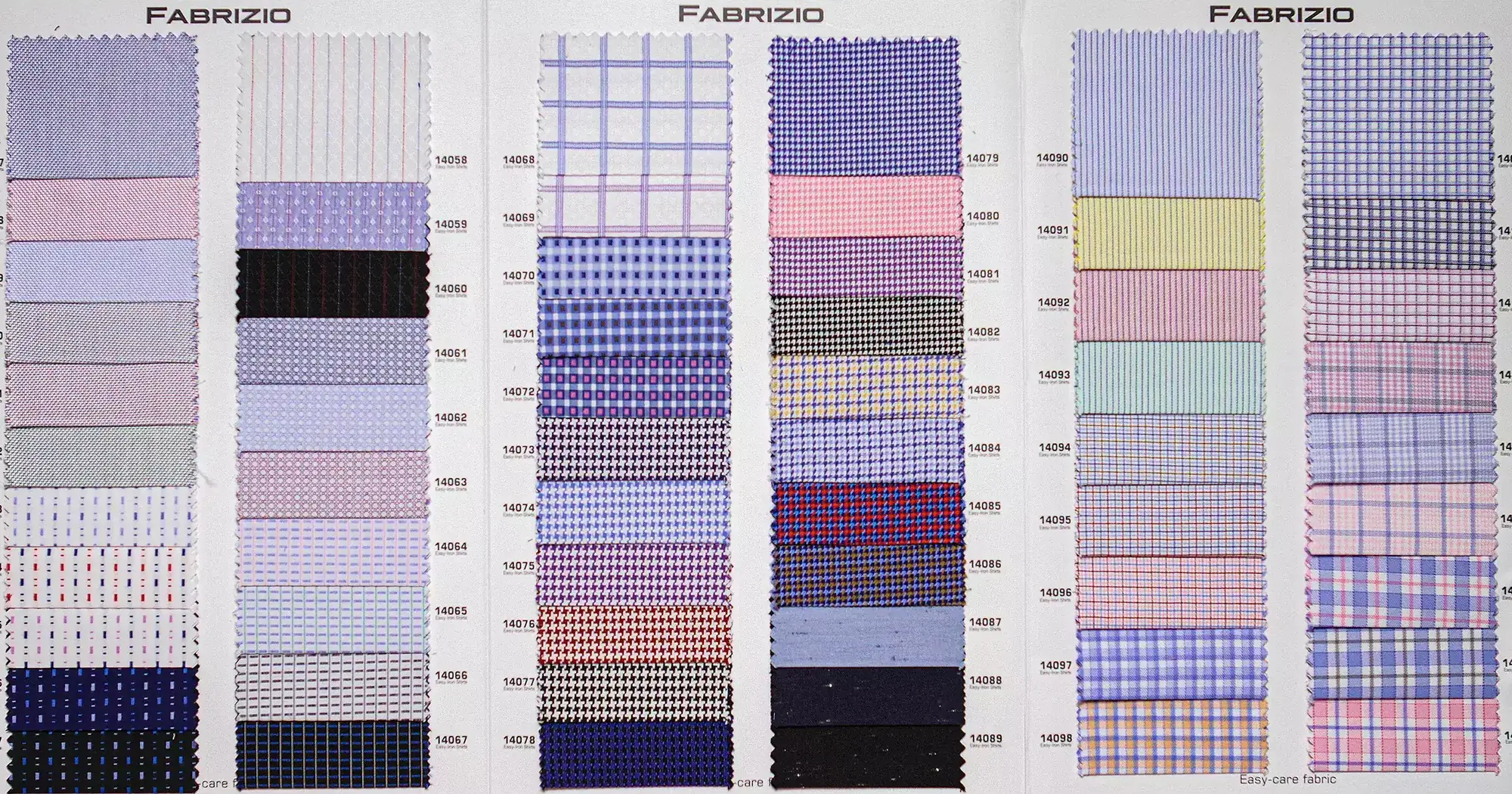 Fabrizio shirt fabric swatches in blue, pink and red checks, houndstooth and stripes