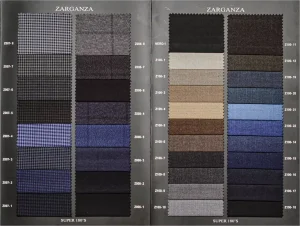 Zarganza swatch pages with blue, grey and sand coloured suiting